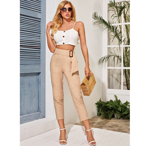 Beige Color Straight Leg Cropped Summer Pants - Picture 6 of 8